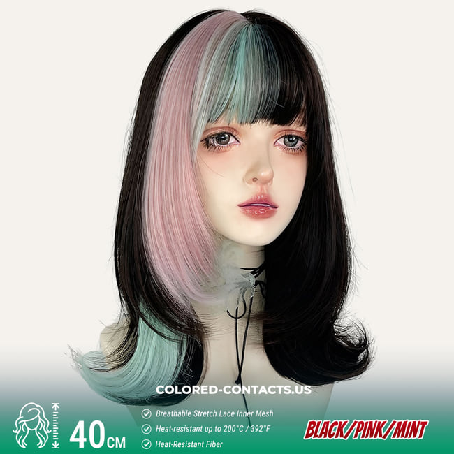 Tri-Color Modern Wig - Black/Pink/Mint