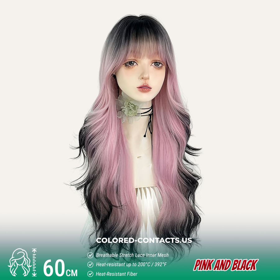 Split-Color Long Wavy Wig - Pink And Black