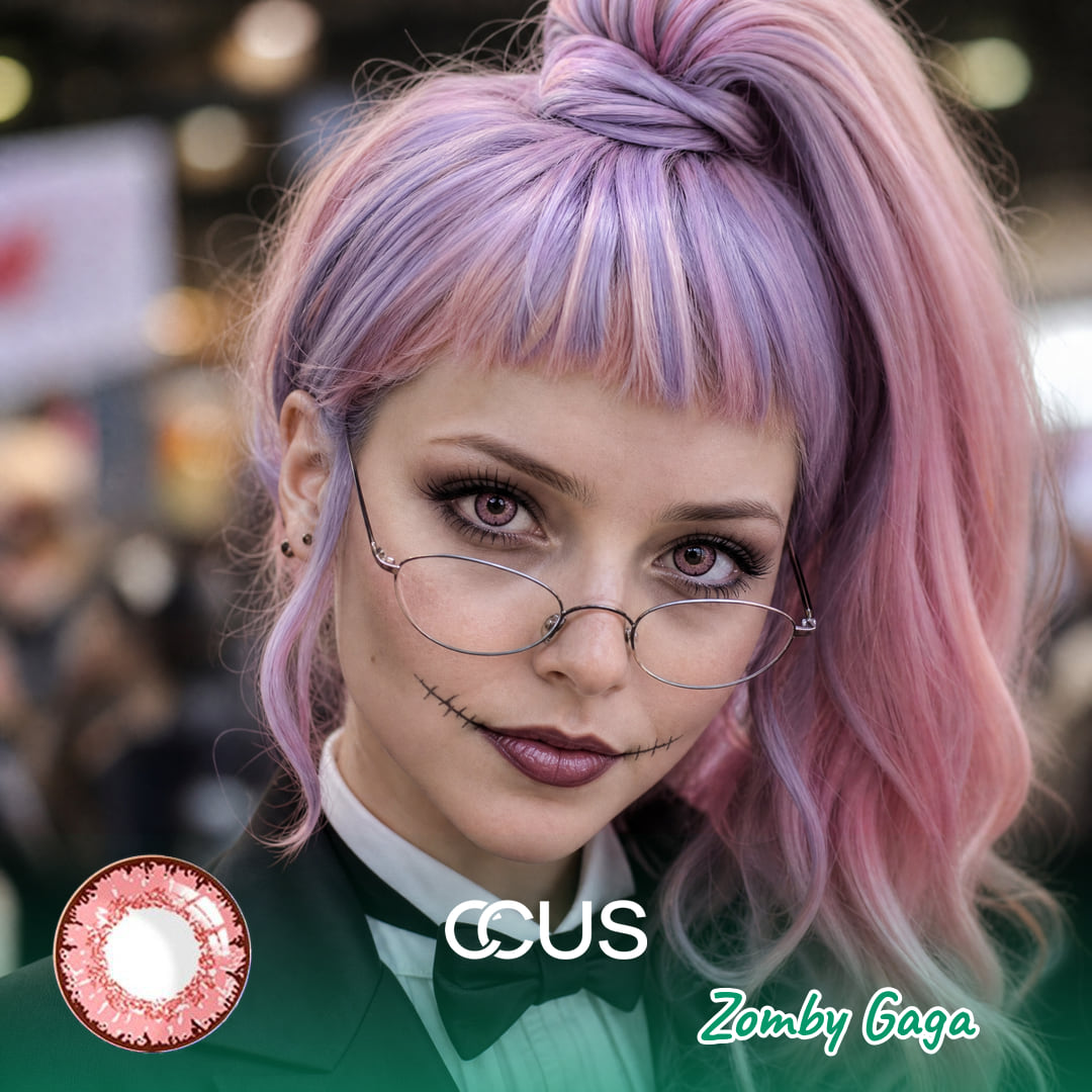 Mh : Zomby Gaga Cosplay Contact Lenses - Ccus Eyewear · Premium Colored Contacts Zomby Gaga Cosplay Portrait Wearing Soft Pink Patterned Contact Lenses.