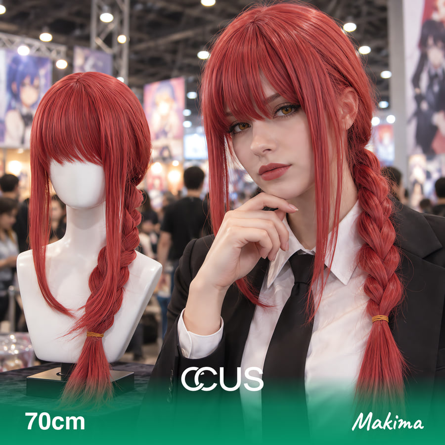 Makima Cosplay Wig, Red Long Straight With Braid 70Cm