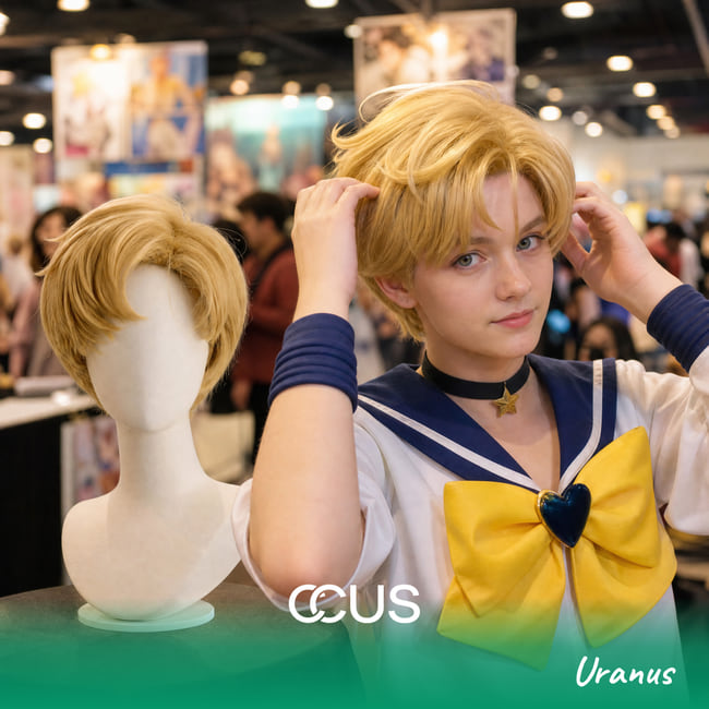 Uranus cosplay wig, golden blonde short, model wearing the wig