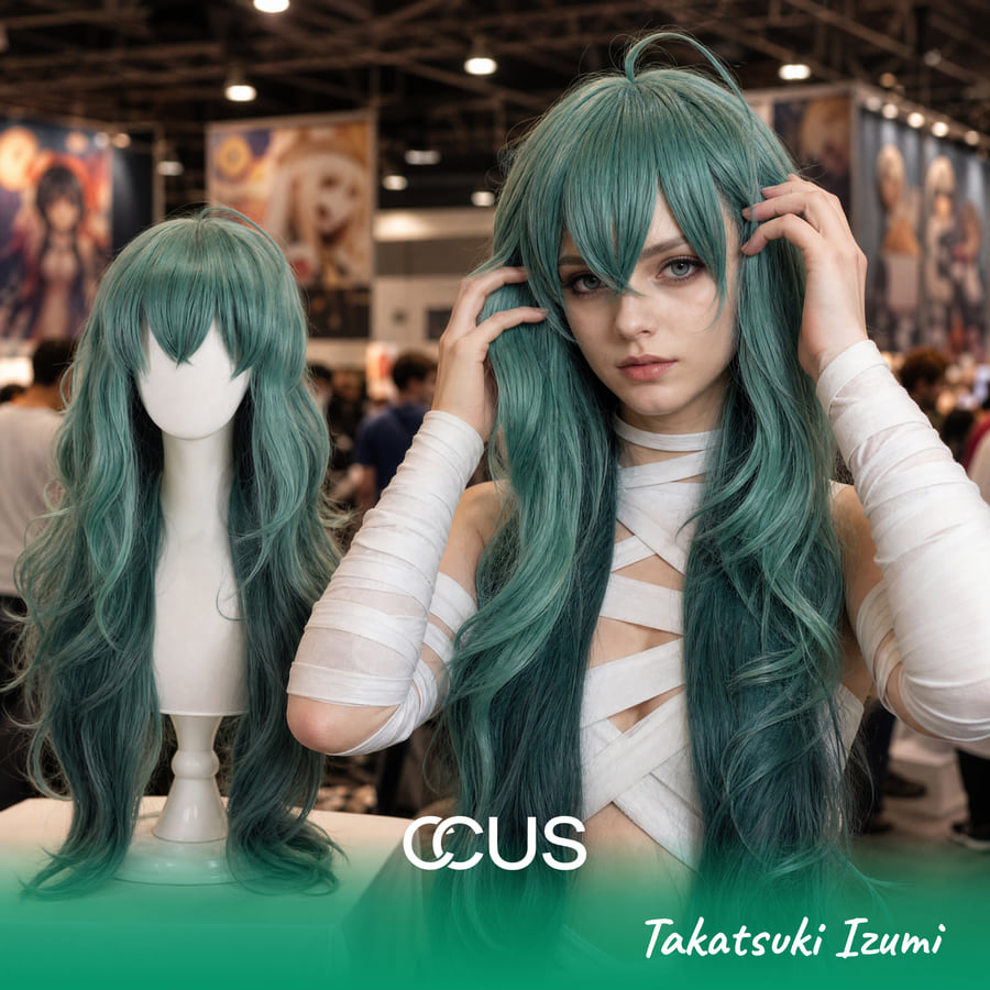 Tg : Takatsuki Izumi Cosplay Wig - Ccus Eyewear · Premium Colored Contacts Takatsuki Izumi Cosplay Wig, Dark Green Long Wavy, Model Wearing The Wig