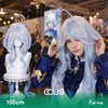 Furina Cosplay Wig, White Blue Streaked Long Wavy, Model Wearing The Wig