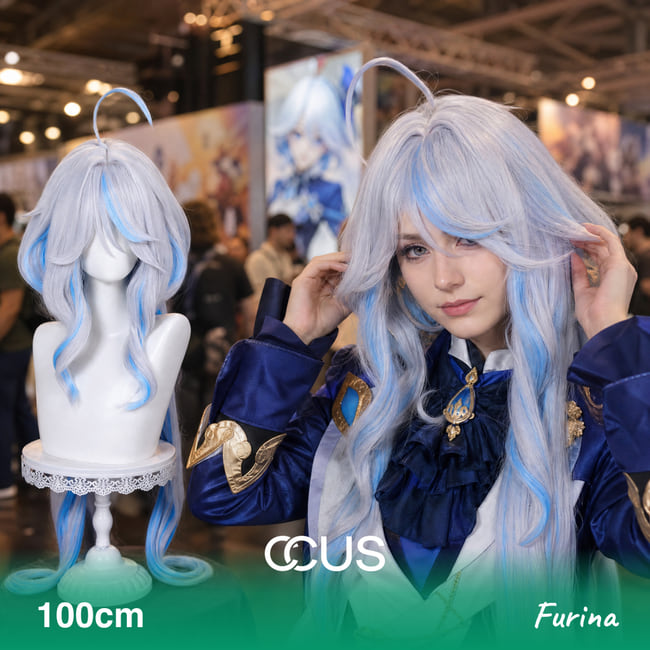 Furina cosplay wig, white blue streaked long wavy, model wearing the wig