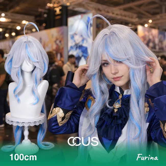 Furina cosplay wig, white blue streaked long wavy, model wearing the wig