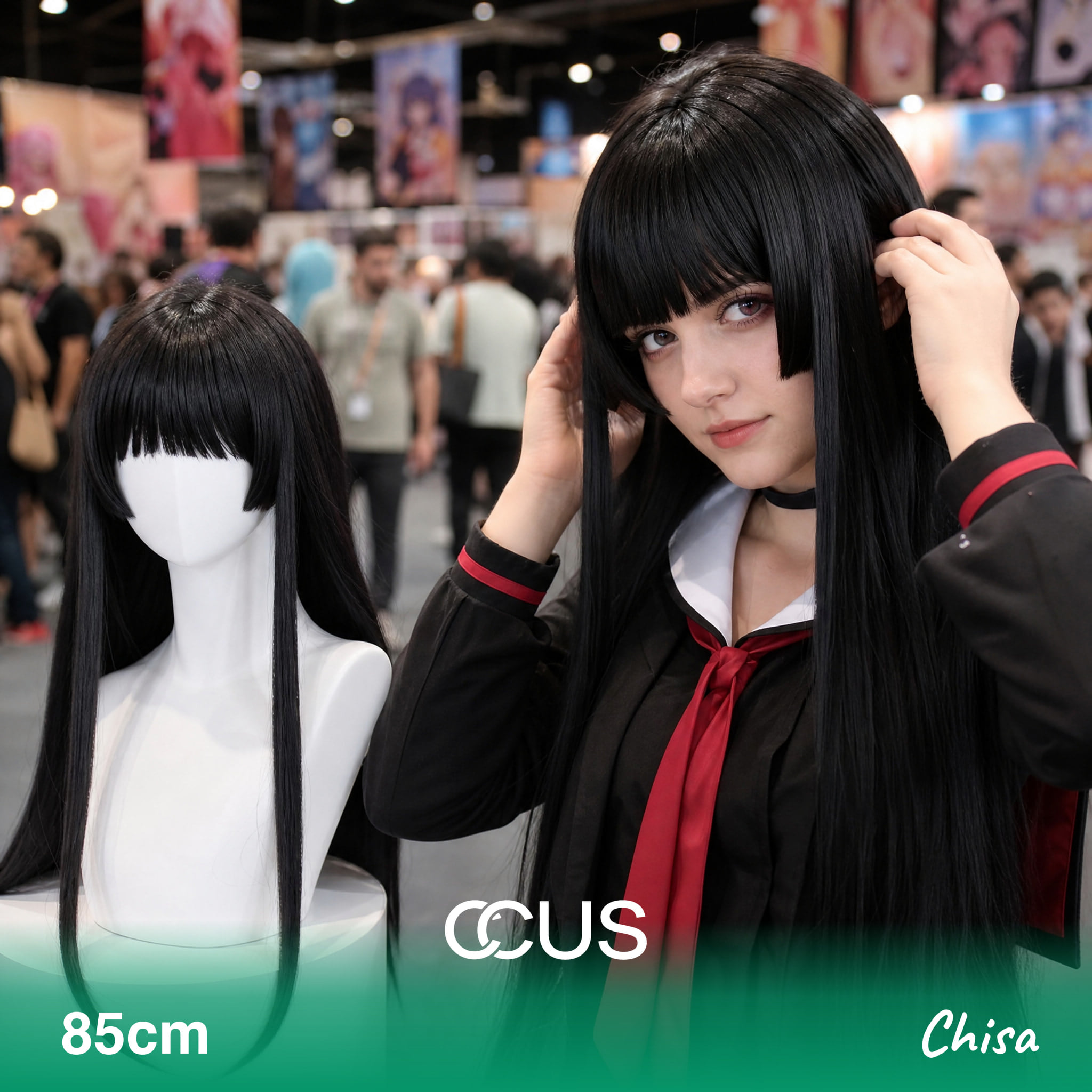 Chisa Cosplay Wig, Black Long Straight With Blunt Bangs, Model Wearing The Wig