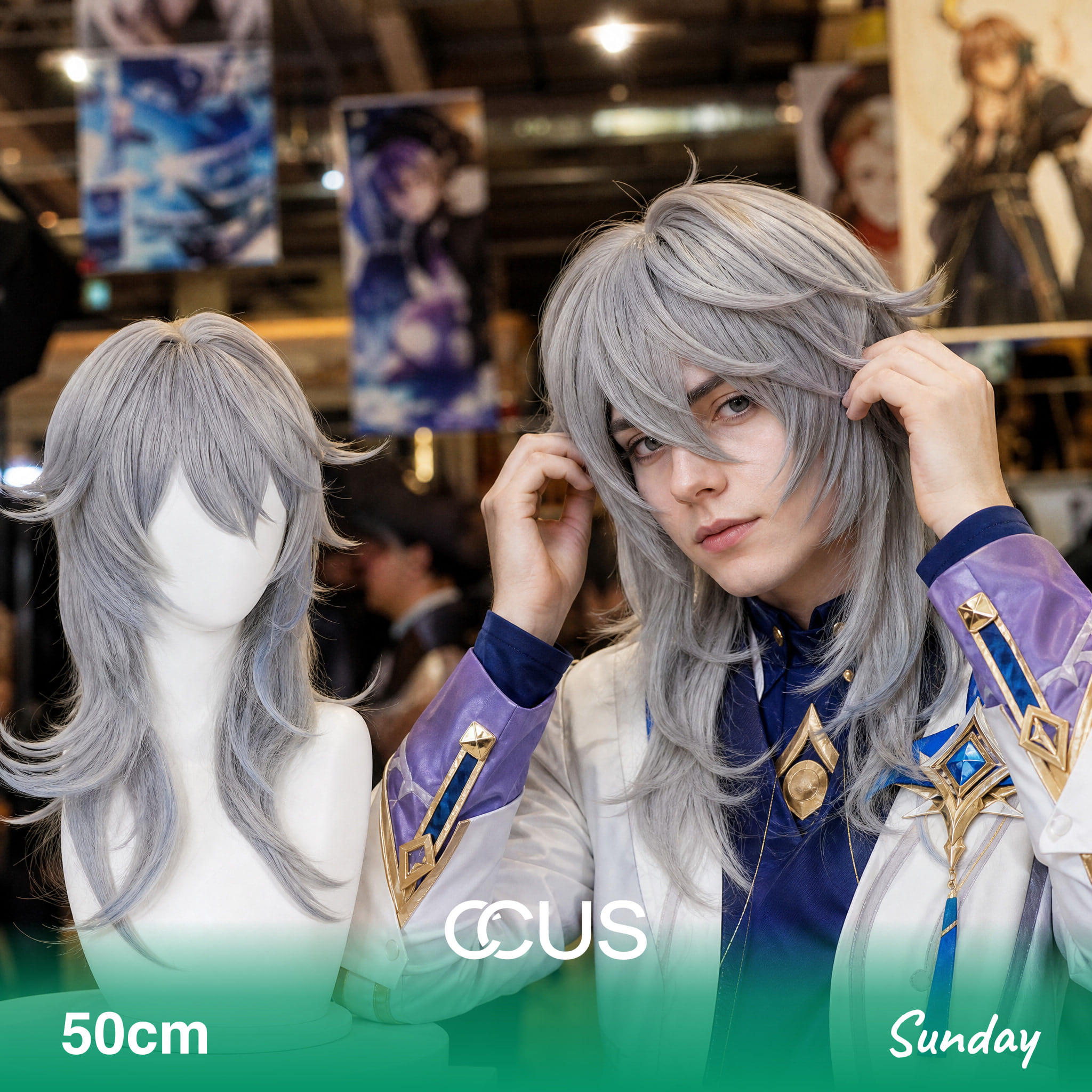 Hsr : Sunday Cosplay Wig - Ccus Eyewear · Premium Colored Contacts Sunday Cosplay Wig, Silver Long Layered, Model Wearing The Wig