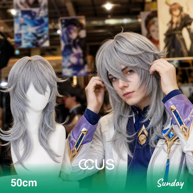 Sunday cosplay wig, silver long layered, model wearing the wig