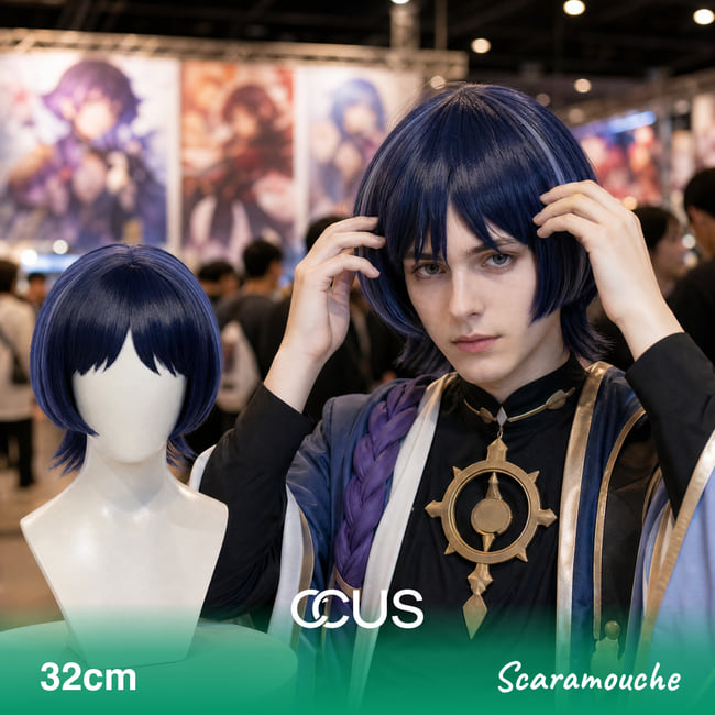 Scaramouche cosplay wig, dark blue short with light streak, model wearing the wig