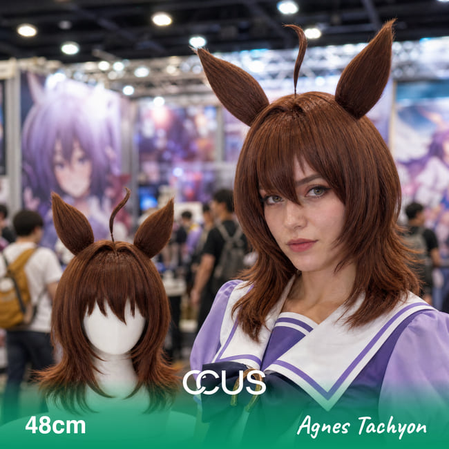 Agnes Tachyon Cosplay Wig - Premium Brown Hair with Ears - model wearing the wig (AI hero v15)