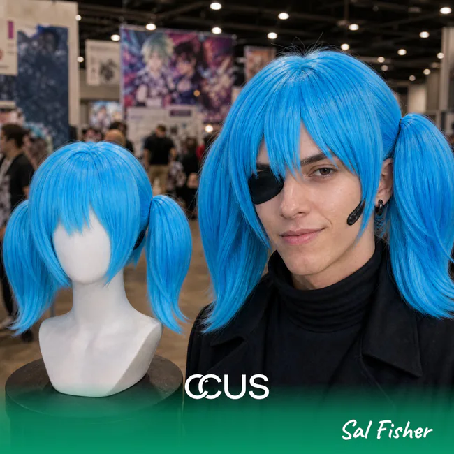Sal Fisher Cosplay Wig - Blue Wig - model wearing the wig (AI hero v15)