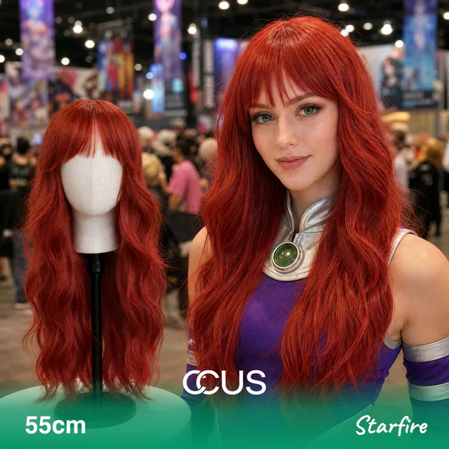 Starfire Cosplay Wig - model wearing the wig (AI hero v15)