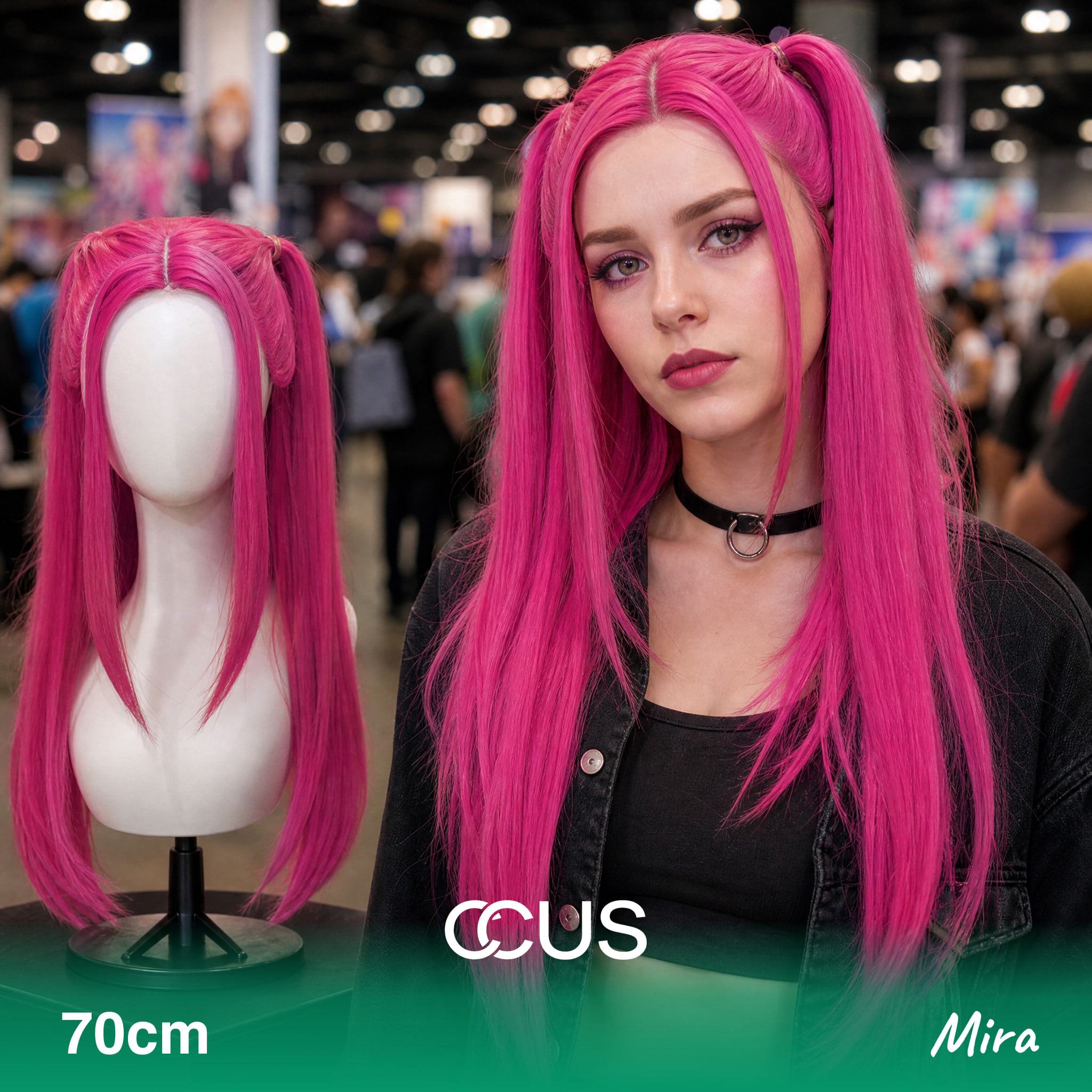 Mira Cosplay Wig, Magenta Pink Long With Twin Tails, Model Wearing The Wig