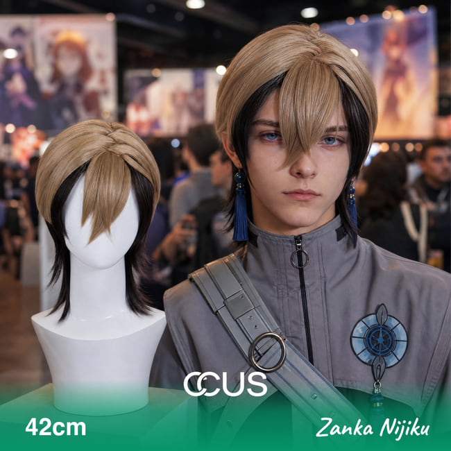 Zanka Nijiku cosplay wig, black and blonde two tone, model wearing the wig