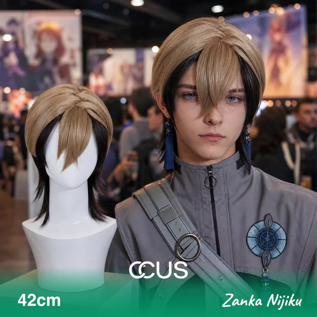 Zanka Nijiku cosplay wig, black and blonde two tone, model wearing the wig