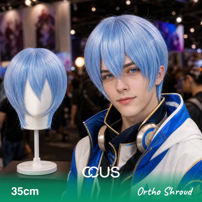 Ortho Shroud cosplay wig, light blue short with fringe, model wearing the wig