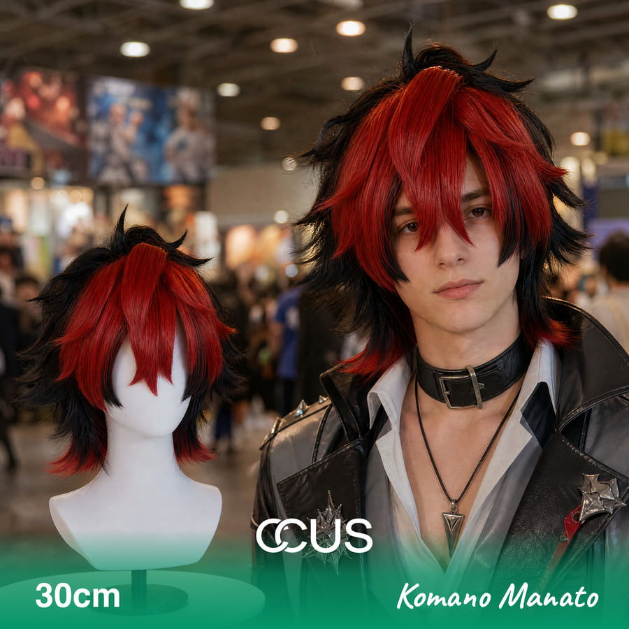 Zzz : Komano Manato Cosplay Wig - Ccus Eyewear · Premium Colored Contacts Komano Manato Cosplay Wig, Black And Red Two Tone Spiky, Model Wearing The Wig