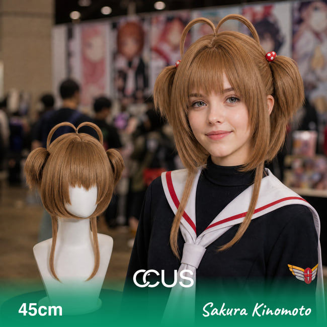 Sakura Kinomoto cosplay wig, light brown with twin buns and side tails, model wearing the wig