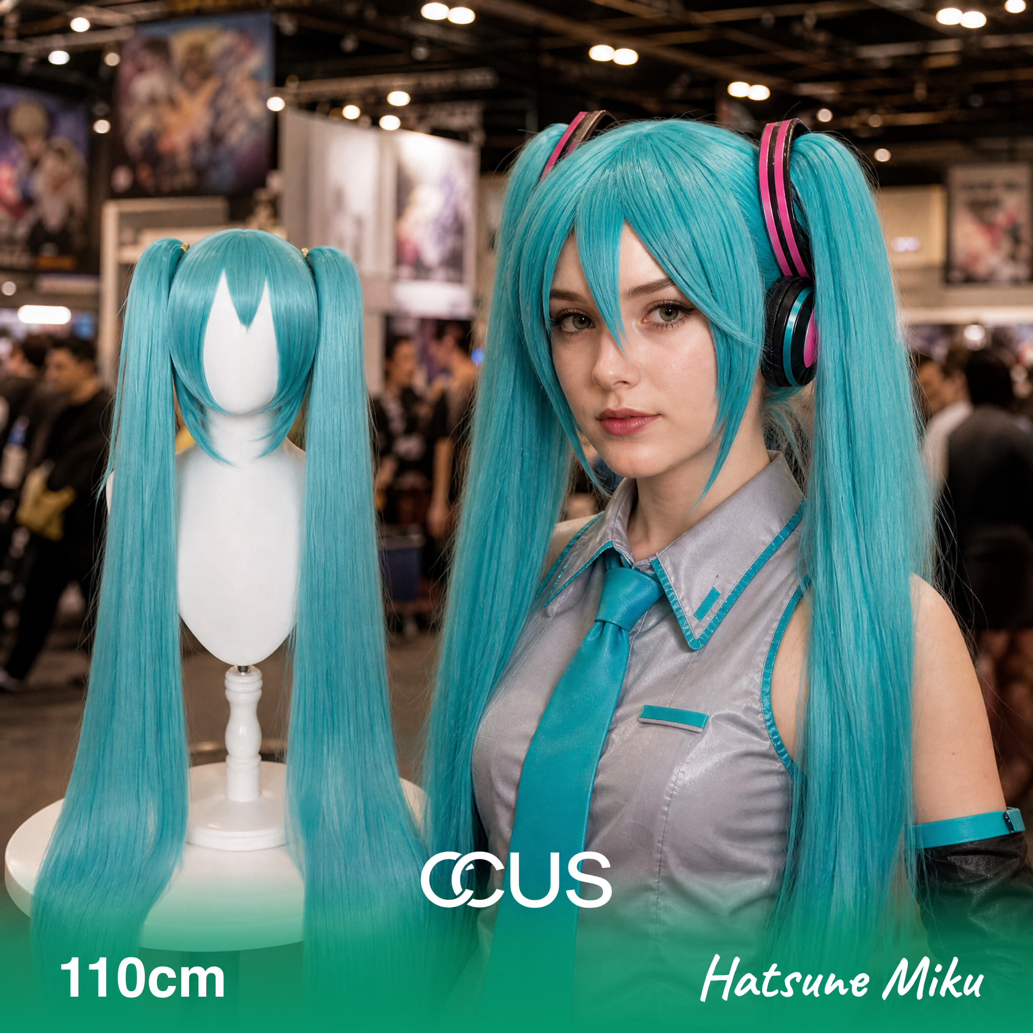 Hatsune Miku cosplay wig, teal long twin tails, model wearing the wig