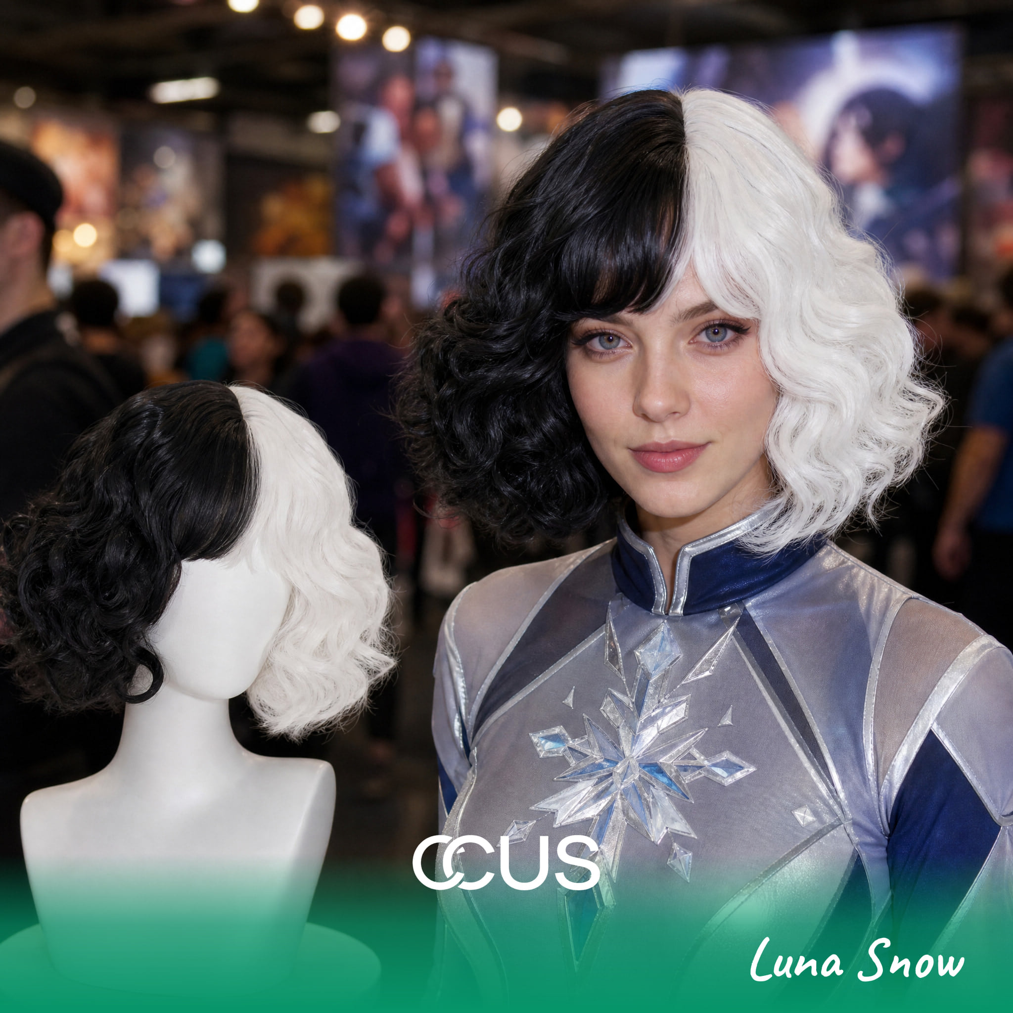 Luna Snow cosplay wig, black and white short wavy bob, model wearing the wig
