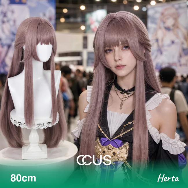 Herta cosplay wig, ash purple long straight, model wearing the wig