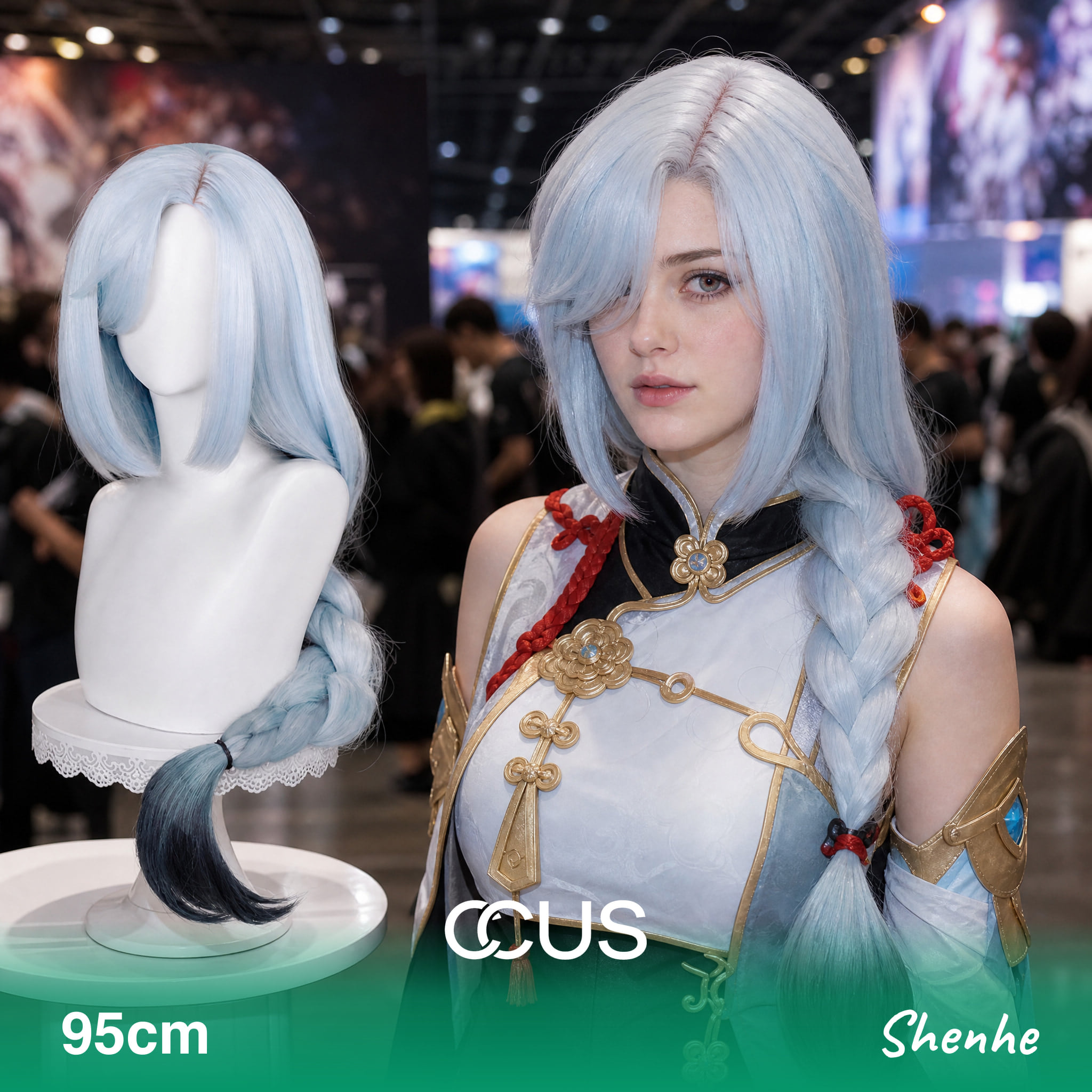 Shenhe cosplay wig, ice blue long straight with side braid, model wearing the wig