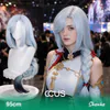 Gi : Shenhe Cosplay Wig - Ccus Eyewear · Premium Colored Contacts Shenhe Cosplay Wig, Ice Blue Long Straight With Side Braid, Model Wearing The Wig