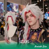 Arataki Itto Cosplay Wig, Silver With Red Front Streak Long Wavy, Model Wearing The Wig