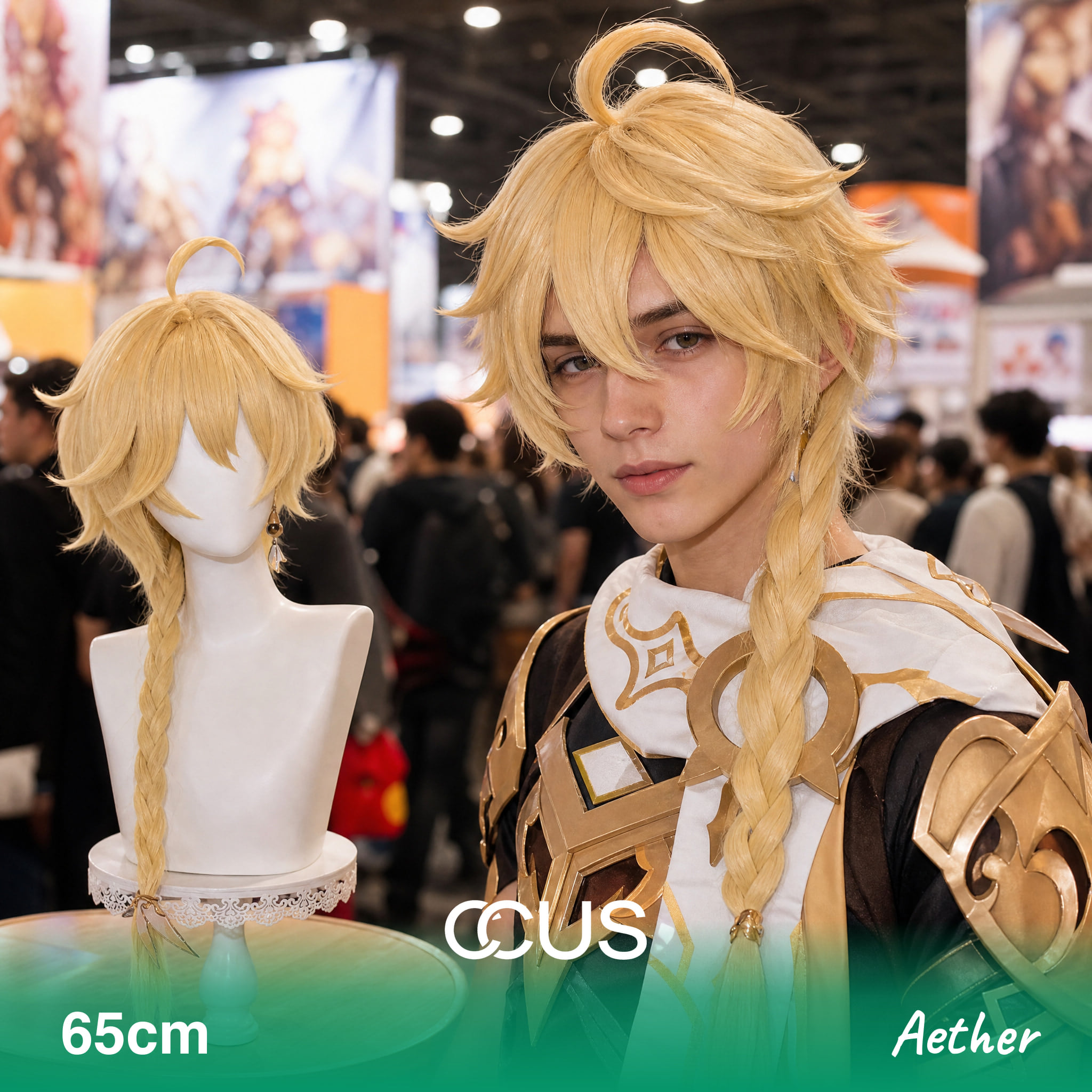 Aether cosplay wig, blonde layered with long braid, model wearing the wig