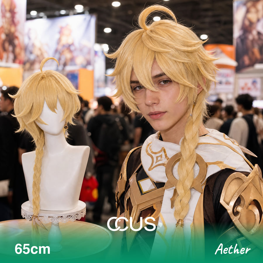 Gi : Aether Cosplay Wig - Ccus Eyewear · Premium Colored Contacts Aether Cosplay Wig, Blonde Layered With Long Braid, Model Wearing The Wig
