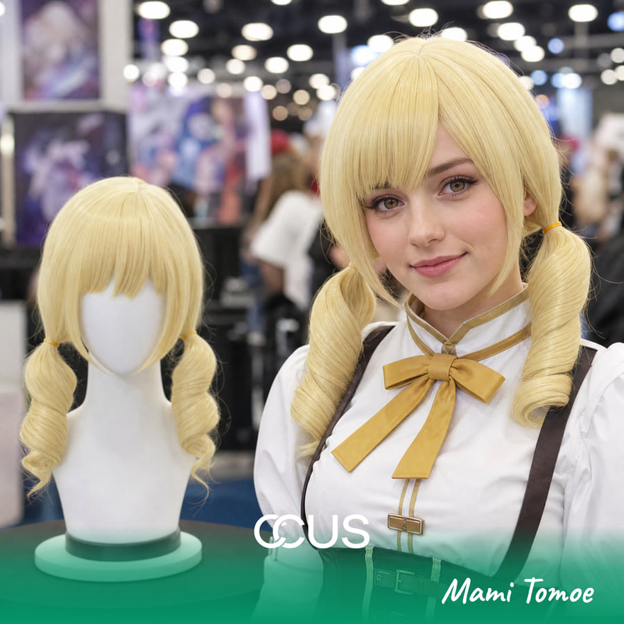 Mami Tomoe Cosplay Wig, Blonde Twin Tails With Curled Ends, Model Wearing The Wig