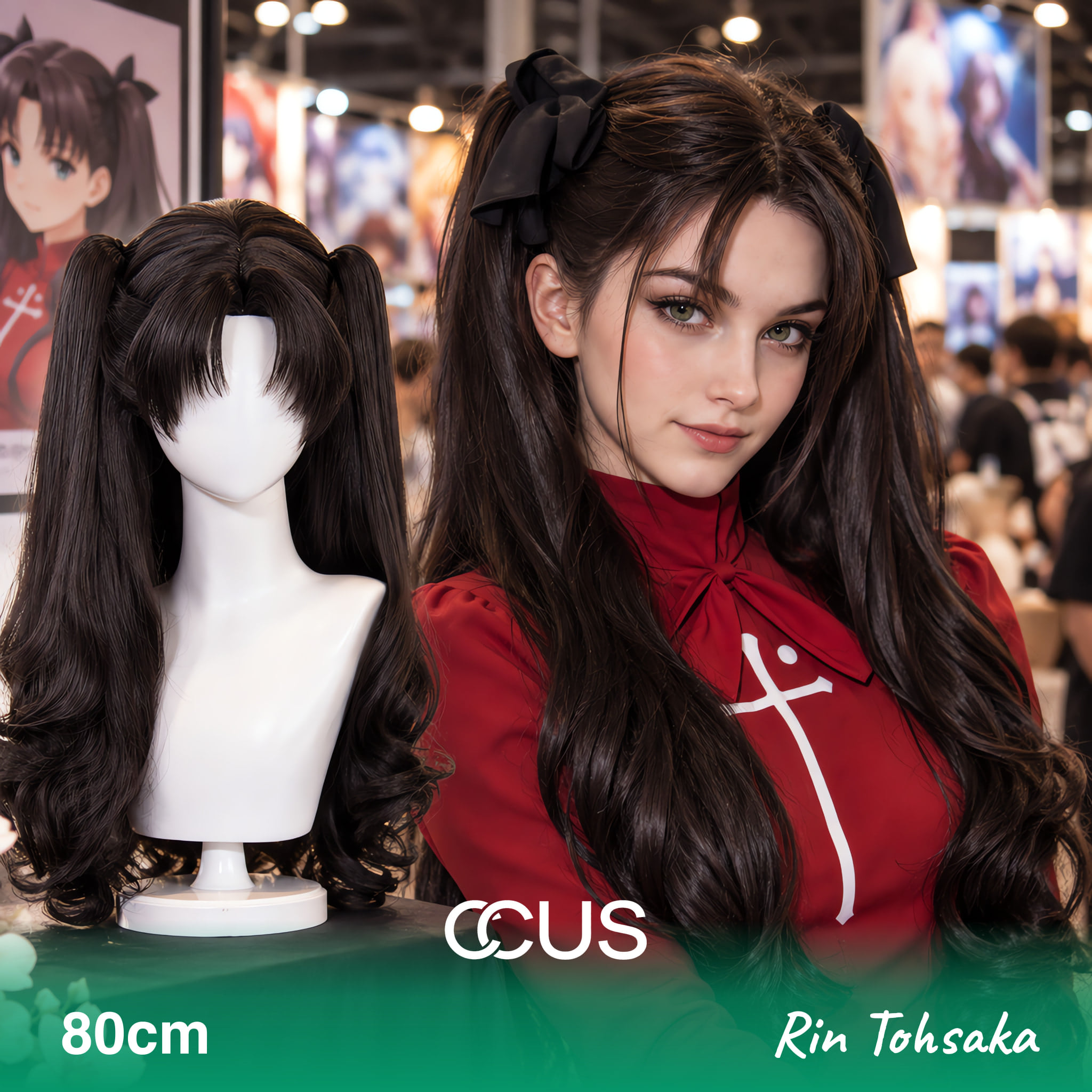 Rin Tohsaka Cosplay Wig, Black Long Twin Tails, Model Wearing The Wig