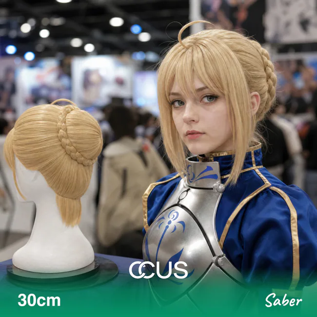 Saber cosplay wig, blonde updo bun with braid, model wearing the wig