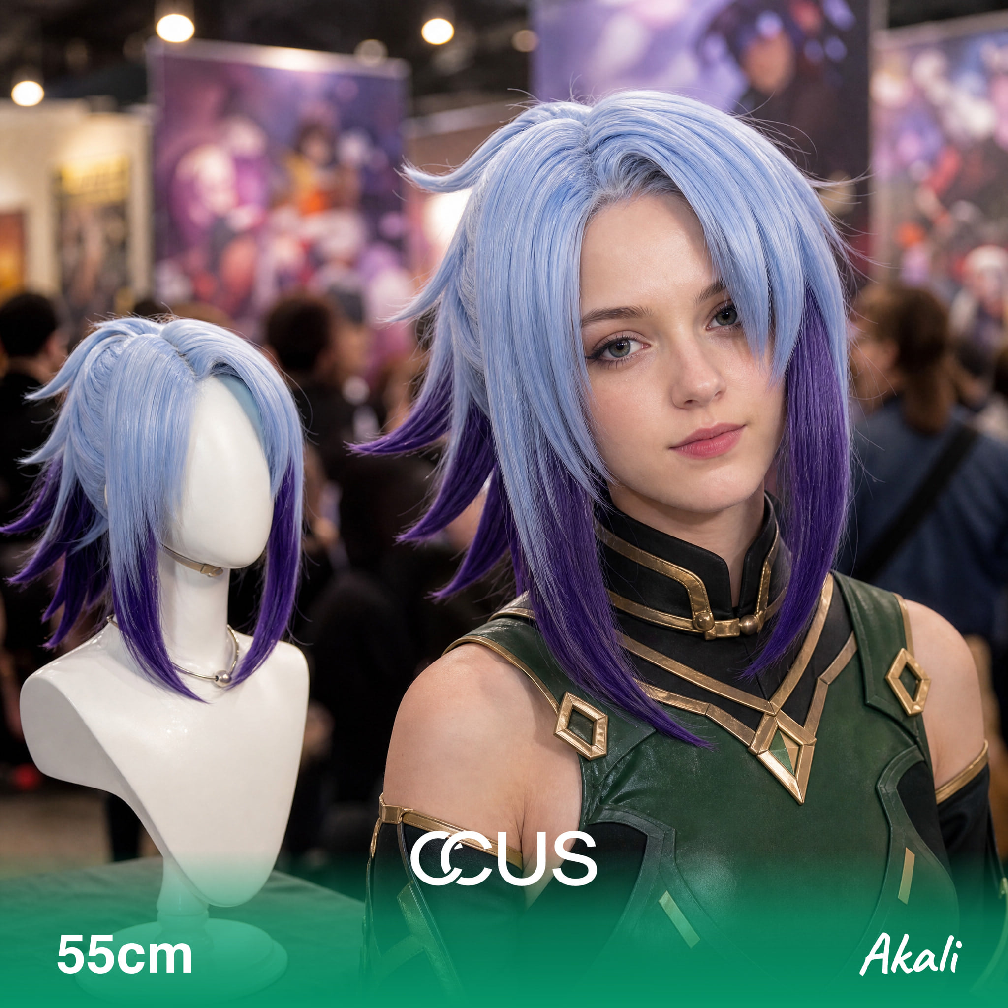 Akali cosplay wig, blue and purple spiky layered, model wearing the wig