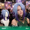 Akali Cosplay Wig, Blue And Purple Spiky Layered, Model Wearing The Wig