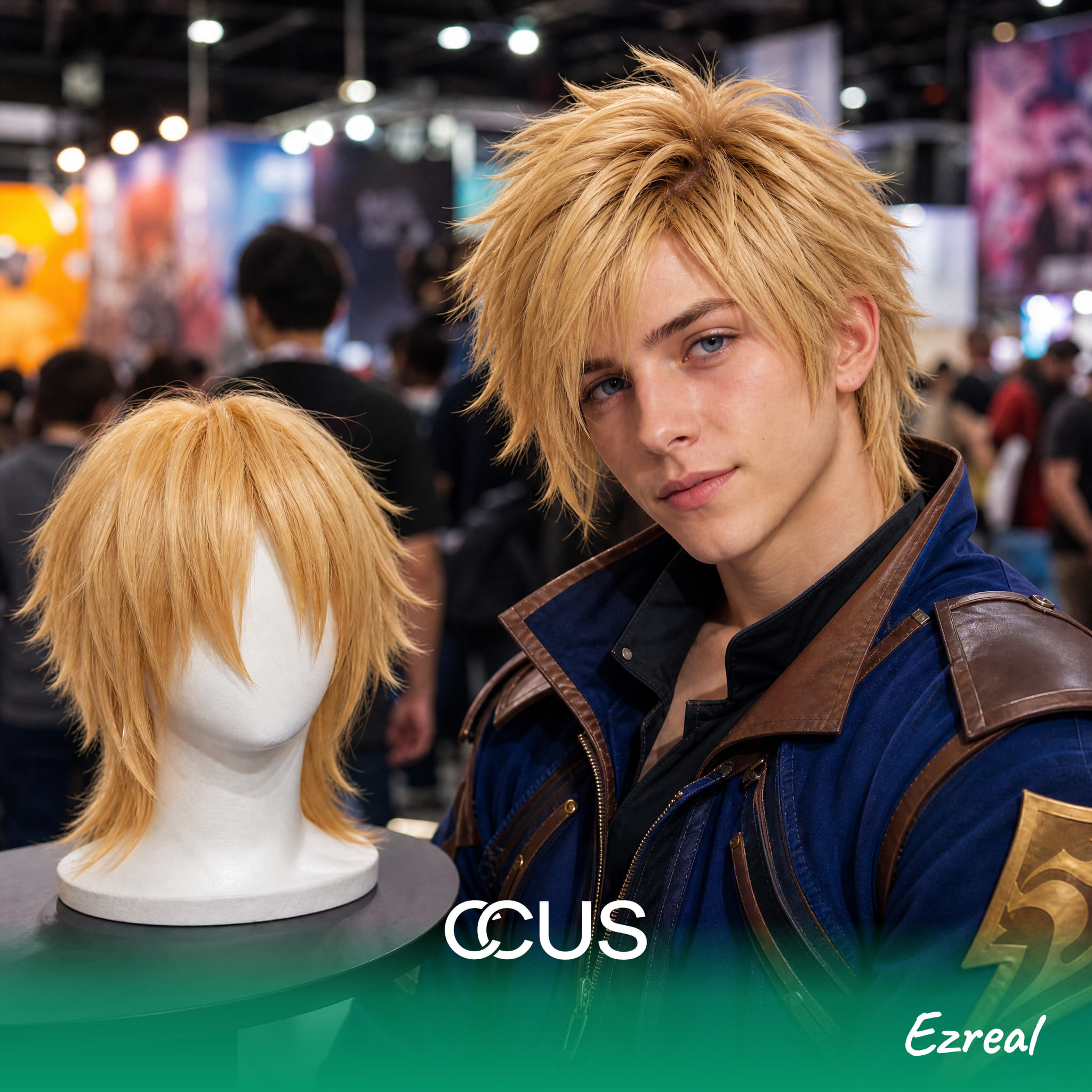 Ezreal cosplay wig, blonde spiky layered, model wearing the wig