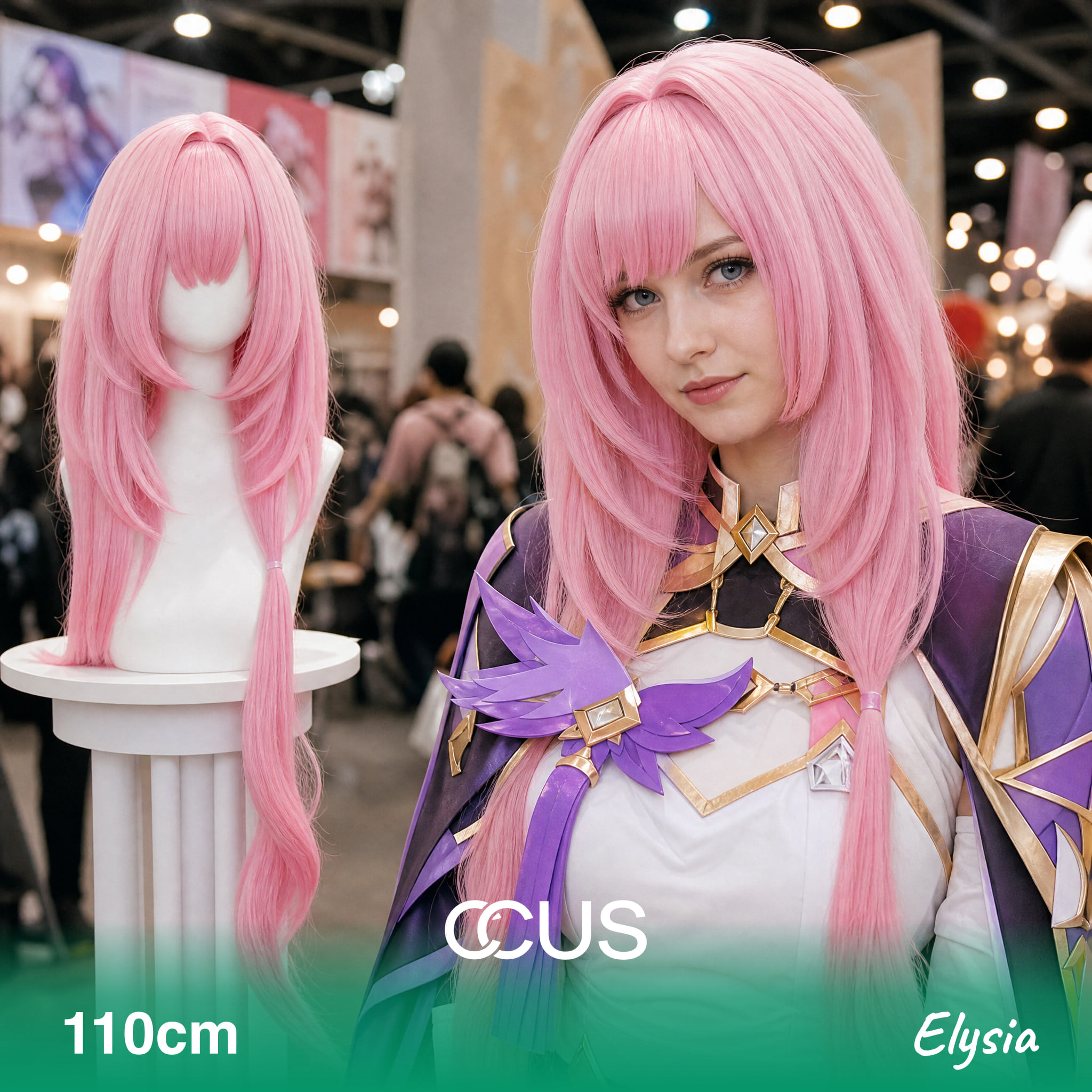 Elysia cosplay wig, pink long straight, model wearing the wig