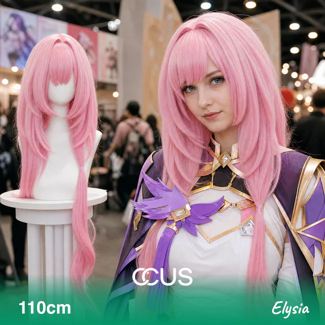 Elysia cosplay wig, pink long straight, model wearing the wig