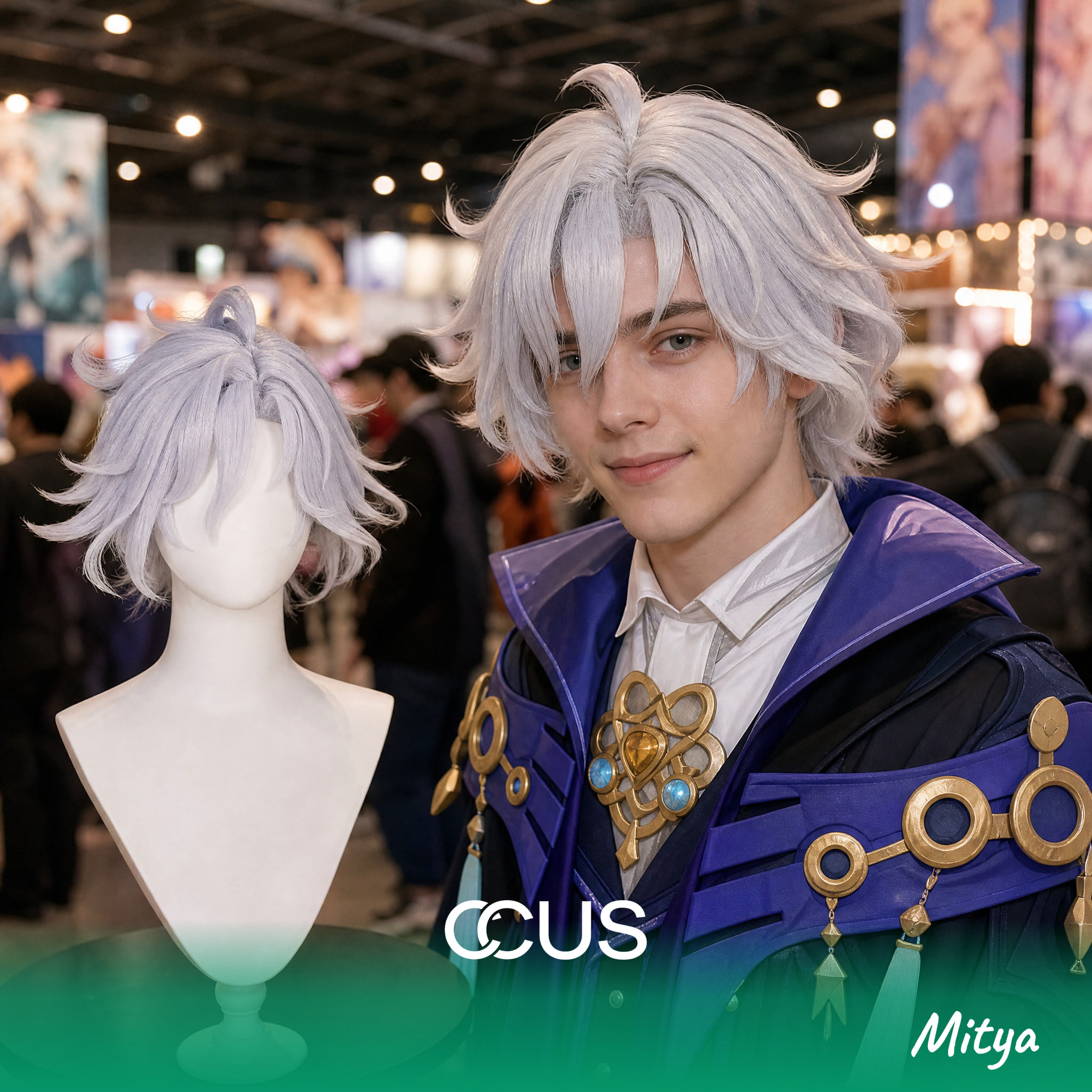 Mitya cosplay wig, silver white short wavy, model wearing the wig