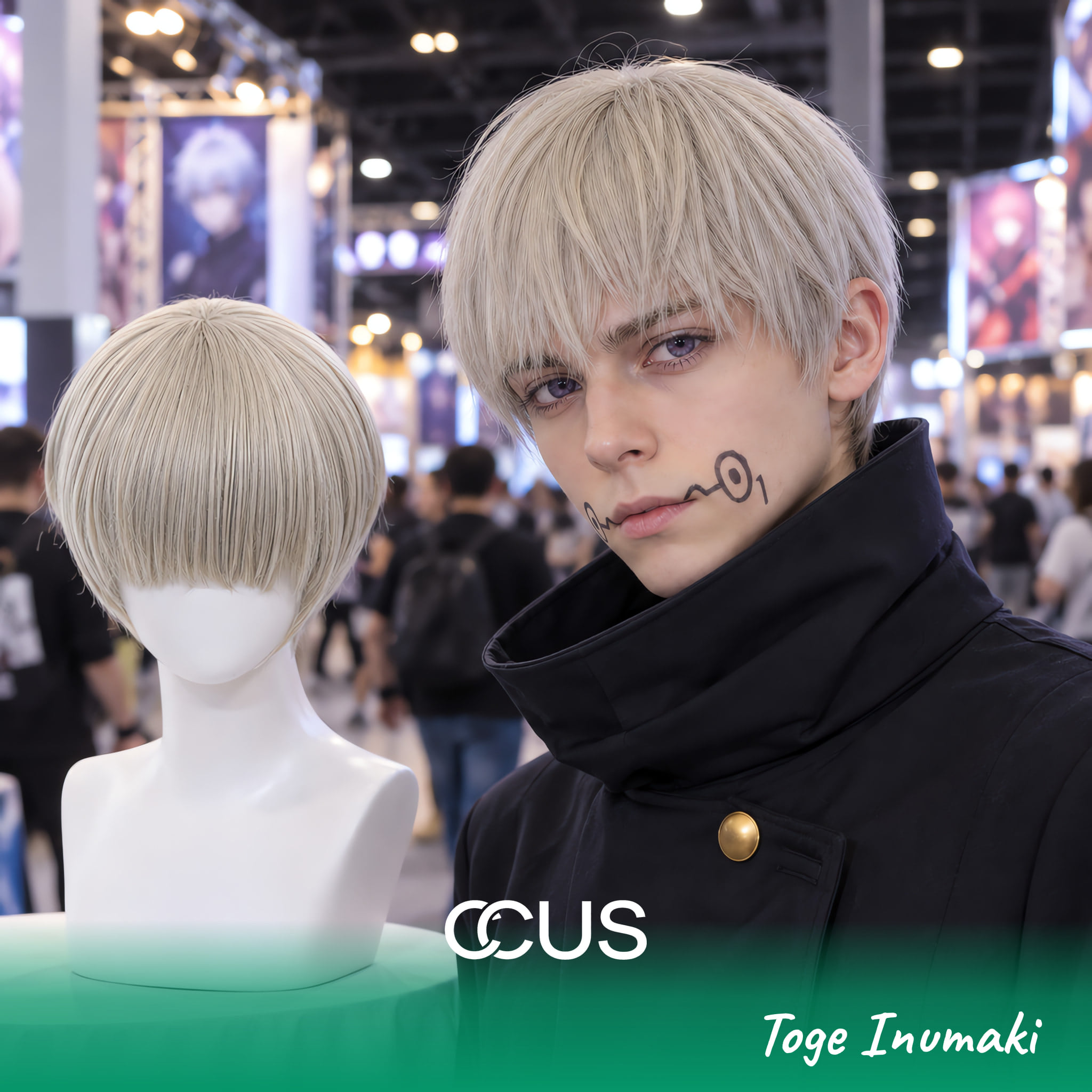 Toge Inumaki Cosplay Wig, Blonde Bob, Model Wearing The Wig