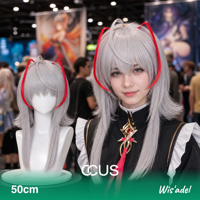 Wis'adel cosplay wig, silver with red hair ornament, model wearing the wig