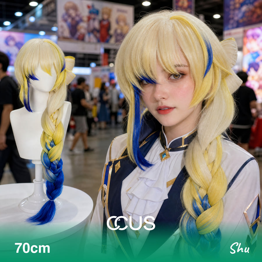 Shu Cosplay Wig, Blonde With Blue Gradient Braid, Model Wearing The Wig