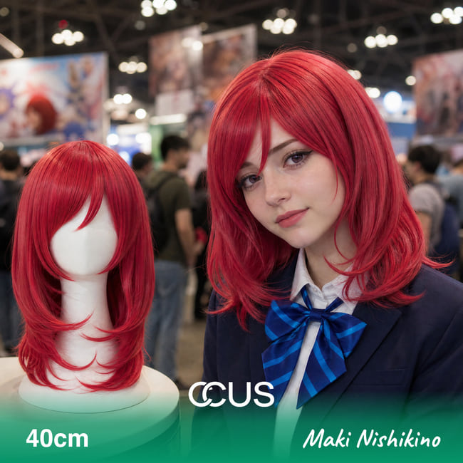 Maki Nishikino cosplay wig, red short straight layered, model wearing the wig