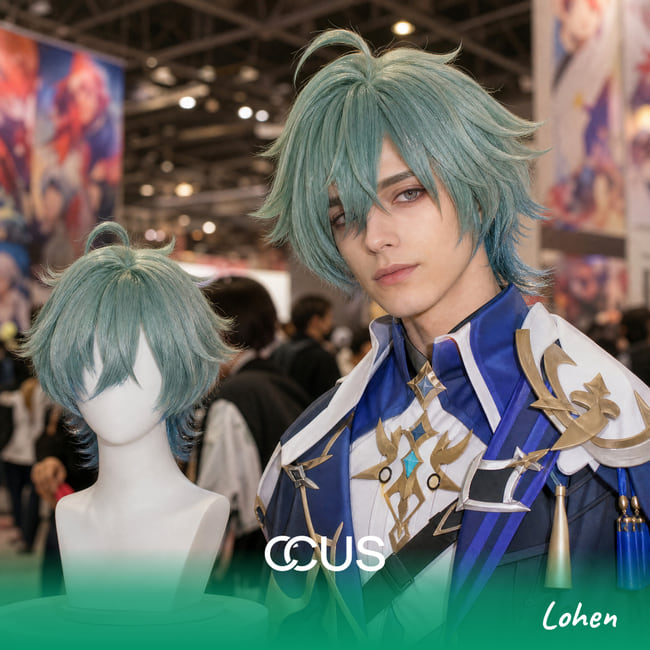 Lohen cosplay wig, green short spiky with blue tips, model wearing the wig