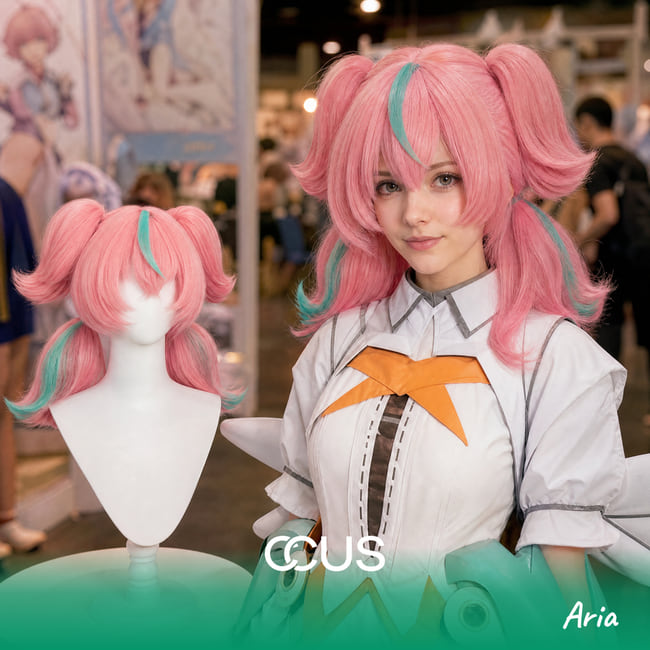 Aria cosplay wig, pink with mint green twin tails, model wearing the wig