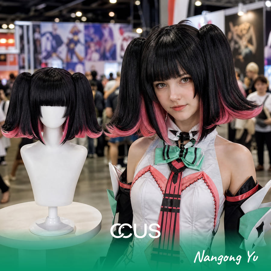 Zzz : Nangong Yu Cosplay Wig - Ccus Eyewear · Premium Colored Contacts Nangong Yu Cosplay Wig, Black With Pink Tips Twin Tails, Model Wearing The Wig