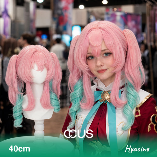 Hyacine cosplay wig, pink with mint green tips twin tails, model wearing the wig