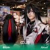 Ashveil Cosplay Wig, Long Black With White And Red Streaks, Model Wearing The Wig