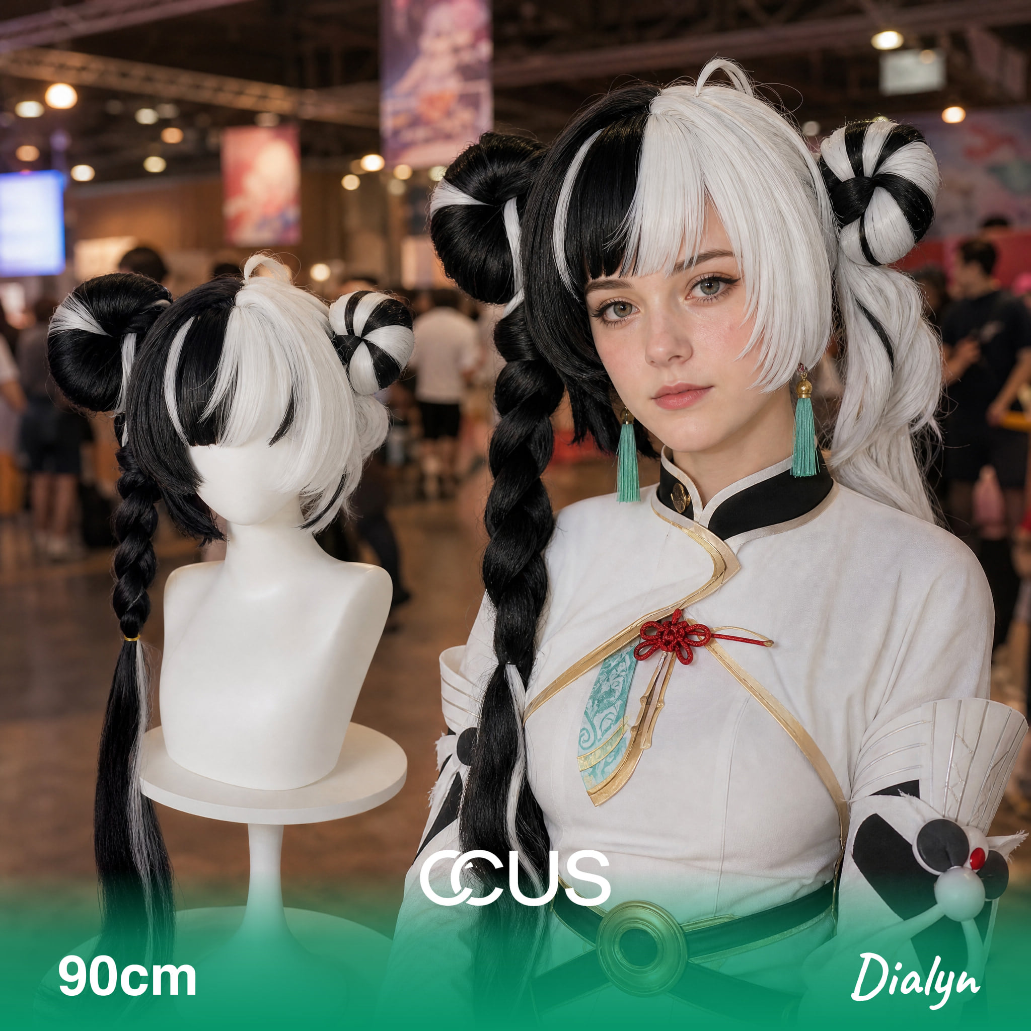 Dialyn Cosplay Wig, Black And White Split With Buns And Braids, Model Wearing The Wig