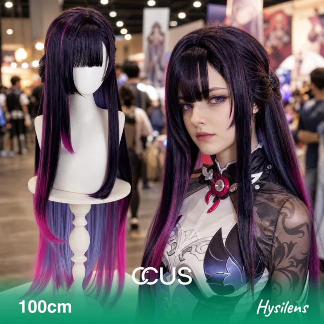 Hysilens cosplay wig, long black and purple with pink streaks and gradient ends, model wearing the wig
